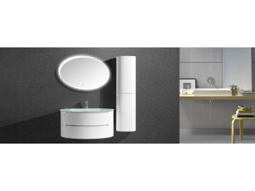 Waschtisch-Set mit Waschtischunterschrank, rundem LED-Badspiegel und Hängeschrank, IL567