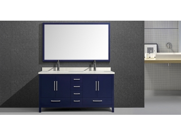 Waschtisch-Set aus Massivholz, mit Rahmenspiegel, Doppelwaschbecken und Unterschrank, M6502